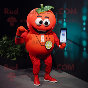 Red Tomato mascot costume character dressed with a Jumpsuit and Digital watches