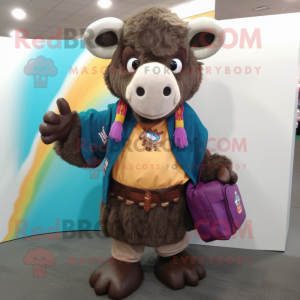 nan Buffalo mascot costume character dressed with a Jacket and Tote bags