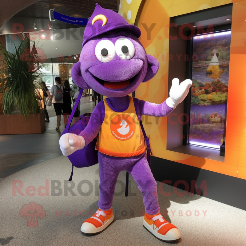 Purple Acrobat mascot costume character dressed with a Midi Dress and Messenger bags