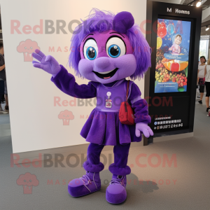 Purple Acrobat mascot costume character dressed with a Midi Dress and Messenger bags