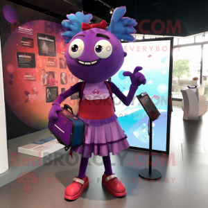 Purple Acrobat mascot costume character dressed with a Midi Dress and Messenger bags