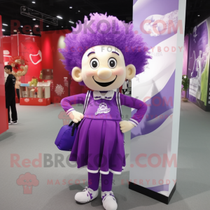 Purple Acrobat mascot costume character dressed with a Midi Dress and Messenger bags