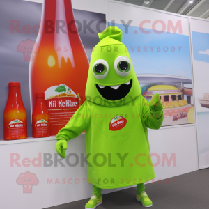 Lime Green Bottle Of Ketchup mascot costume character dressed with a Hoodie and Backpacks