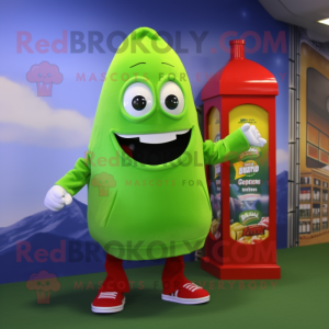 Lime Green Bottle Of Ketchup mascot costume character dressed with a Hoodie and Backpacks