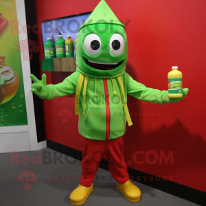 Lime Green Bottle Of Ketchup mascot costume character dressed with a Hoodie and Backpacks