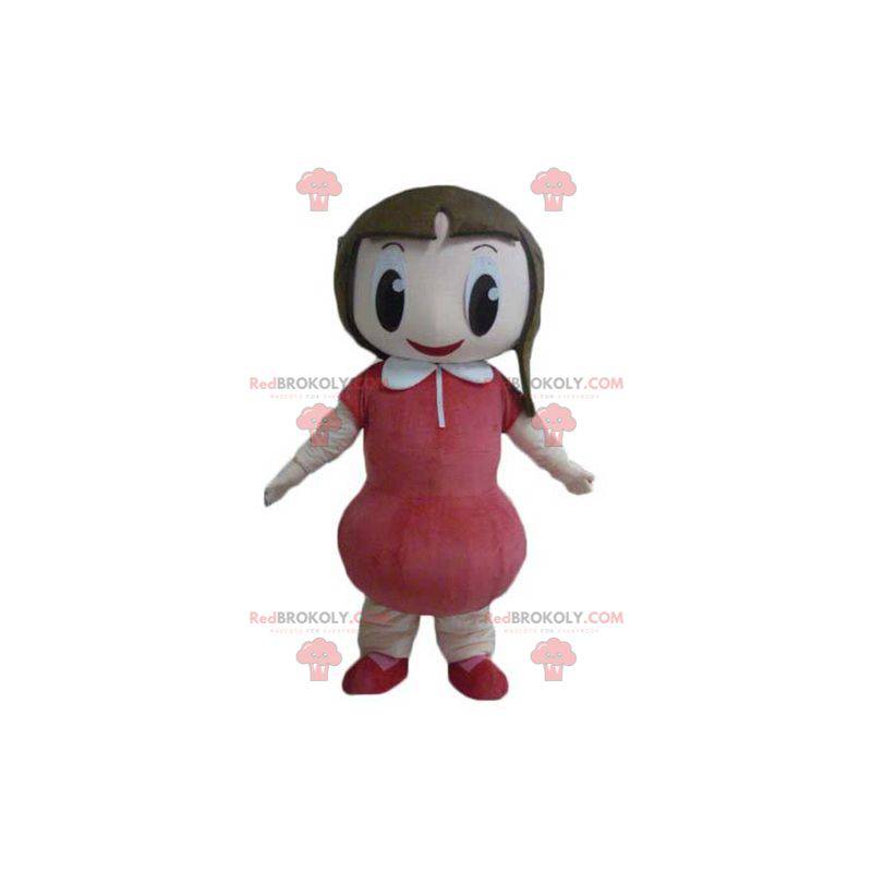 Sehr lächelndes Mädchenmaskottchen mit einem roten Kleid -