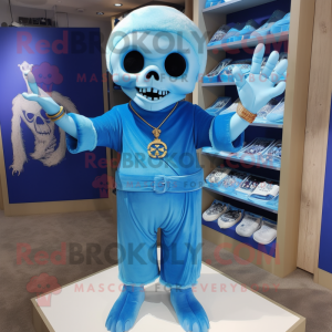 Sky Blue Graveyard mascot costume character dressed with a T-Shirt and Bracelets