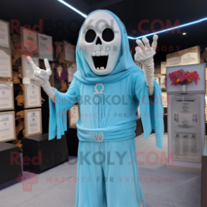 Sky Blue Graveyard mascot costume character dressed with a T-Shirt and Bracelets