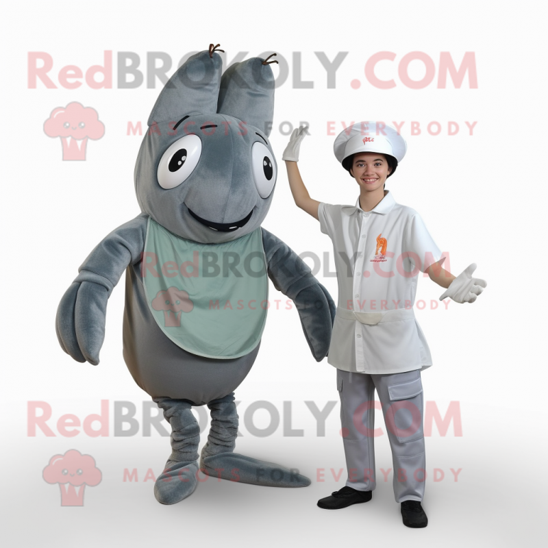 Gray Shrimp Scampi mascot costume character dressed with a Long Sleeve Tee and Cummerbunds Gray Shrimp Scampi mascot costume character dressed with a Long Sleeve Tee and Cummerbunds