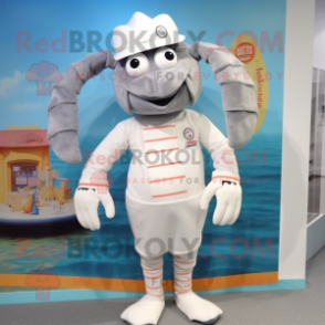 Gray Shrimp Scampi mascot costume character dressed with a Long Sleeve Tee and Cummerbunds