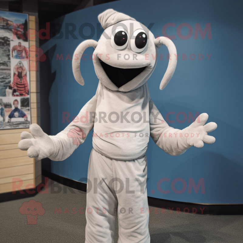 Gray Shrimp Scampi mascot costume character dressed with a Long Sleeve Tee and Cummerbunds Gray Shrimp Scampi mascot costume character dressed with a Long Sleeve Tee and Cummerbunds
