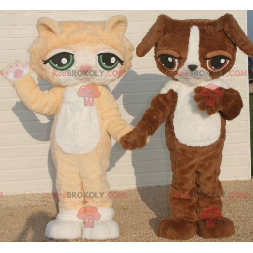 2 mascots an orange and white cat and a brown and white dog -