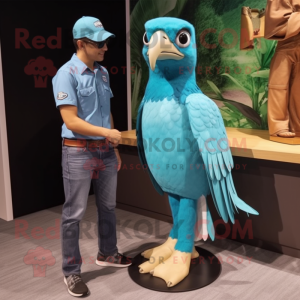 Turquoise Eagle mascot costume character dressed with a Chambray Shirt and Watches