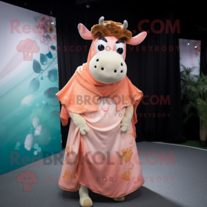 Peach Jersey Cow mascot costume character dressed with a Maxi Dress and Wraps