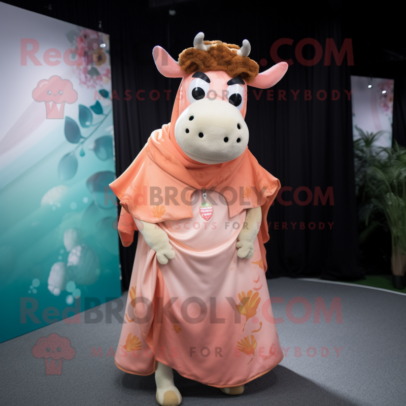 Peach Jersey Cow mascot costume character dressed with a Maxi Dress and Wraps Peach Jersey Cow mascot costume character dressed with a Maxi Dress and Wraps