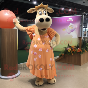 Peach Jersey Cow mascot costume character dressed with a Maxi Dress and Wraps