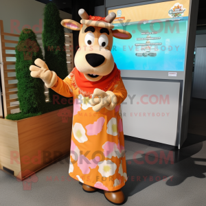 Peach Jersey Cow mascot costume character dressed with a Maxi Dress and Wraps