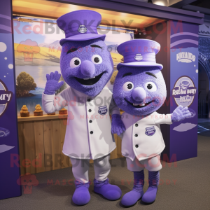 Lavender Fish And Chips mascot costume character dressed with a Henley Shirt and Berets