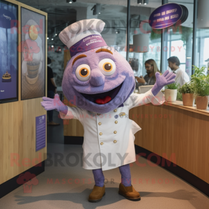 Lavender Fish And Chips mascot costume character dressed with a Henley Shirt and Berets
