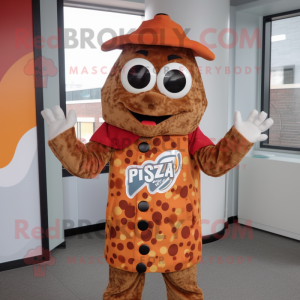 Rust Pizza mascot costume character dressed with a Parka and Necklaces