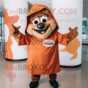 Rust Pizza mascot costume character dressed with a Parka and Necklaces