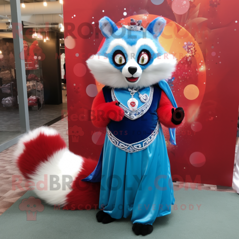 Blue Red Panda mascot costume character dressed with a Ball Gown and Brooches Blue Red Panda mascot costume character dressed with a Ball Gown and Brooches