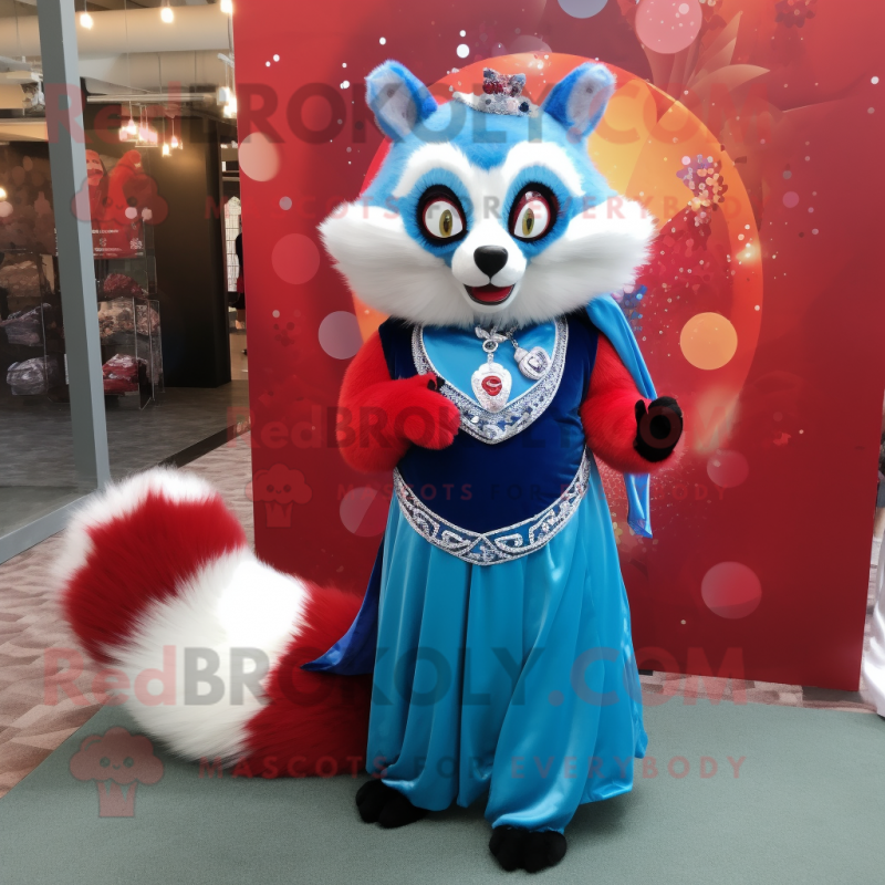 Blue Red Panda mascot costume character dressed with a Ball Gown and Brooches