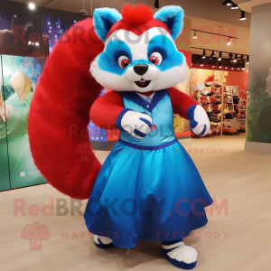 Blue Red Panda mascot costume character dressed with a Ball Gown and Brooches