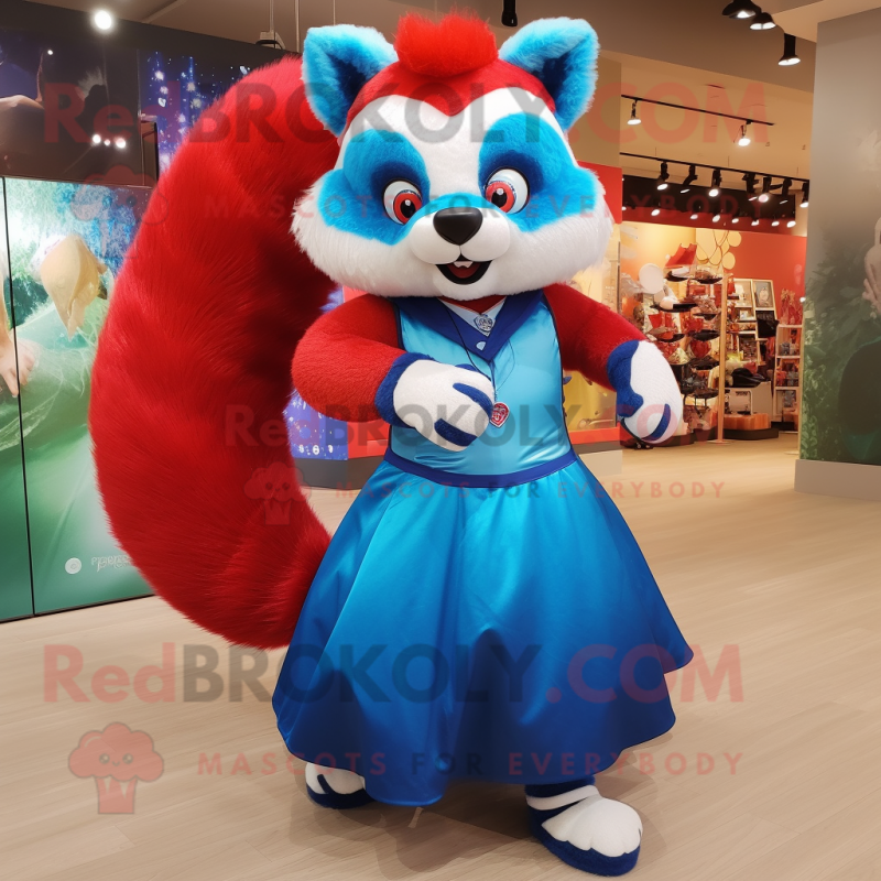 Blue Red Panda mascot costume character dressed with a Ball Gown and Brooches