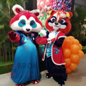 Blue Red Panda mascot costume character dressed with a Ball Gown and Brooches