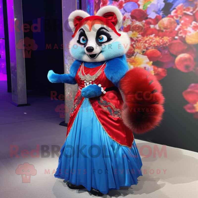 Blue Red Panda mascot costume character dressed with a Ball Gown and Brooches