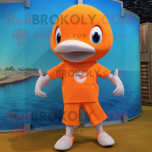 Orange Dolphin mascot costume character dressed with a One-Piece Swimsuit and Shoe laces