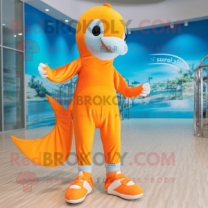 Orange Dolphin mascot costume character dressed with a One-Piece Swimsuit and Shoe laces