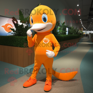 Orange Dolphin mascot costume character dressed with a One-Piece Swimsuit and Shoe laces