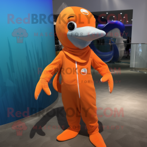 Orange Dolphin mascot costume character dressed with a One-Piece Swimsuit and Shoe laces