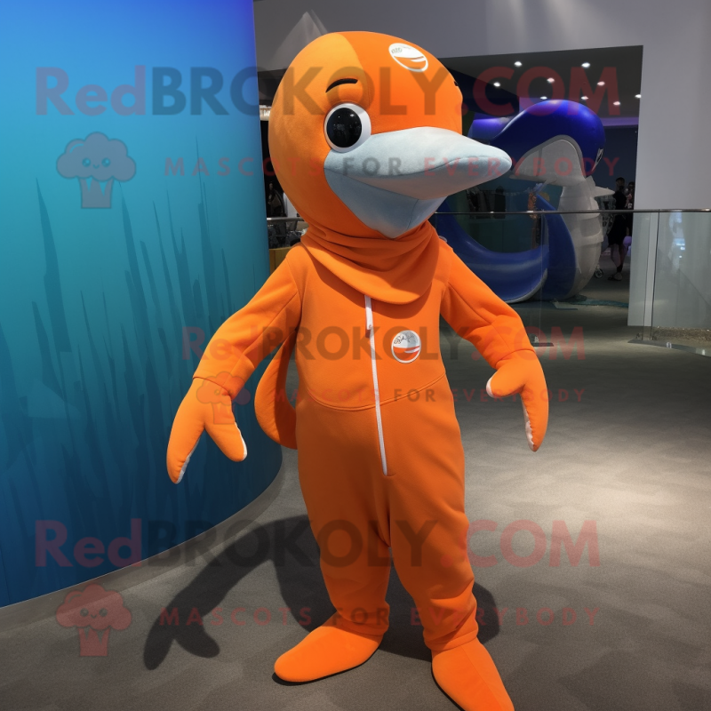 Orange Dolphin mascot costume character dressed with a One-Piece Swimsuit and Shoe laces