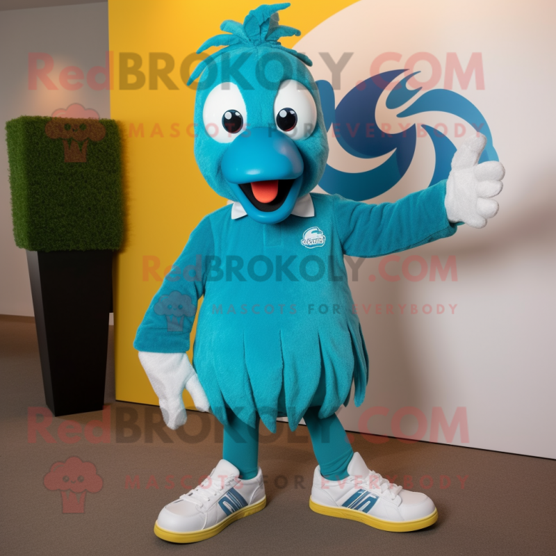 Cyan Peacock mascot costume character dressed with a Polo Shirt and Shoe laces Cyan Peacock mascot costume character dressed with a Polo Shirt and Shoe laces