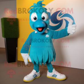 Cyan Peacock mascot costume character dressed with a Polo Shirt and Shoe laces