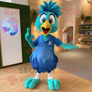 Cyan Peacock mascot costume character dressed with a Polo Shirt and Shoe laces