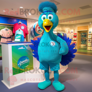 Cyan Peacock mascot costume character dressed with a Polo Shirt and Shoe laces