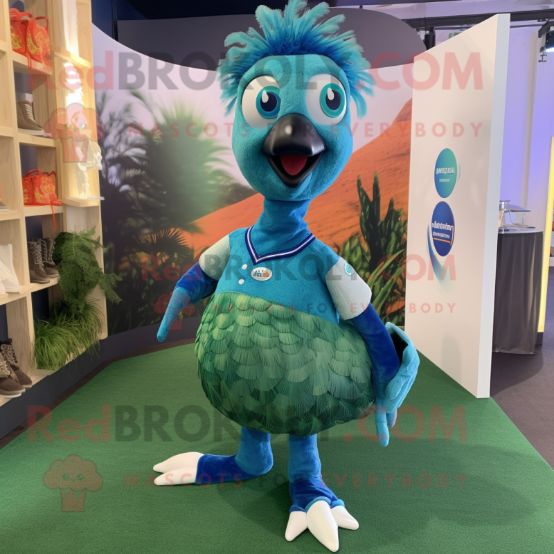 Cyan Peacock mascot costume character dressed with a Polo Shirt and Shoe laces