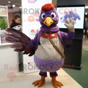 Lavender Pheasant mascot costume character dressed with a T-Shirt and Mittens