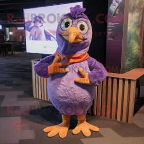 Lavender Pheasant mascot costume character dressed with a T-Shirt and Mittens