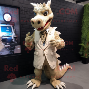 Beige Dragon mascot costume character dressed with a Suit Jacket and Bracelet watches