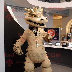 Beige Dragon mascot costume character dressed with a Suit Jacket and Bracelet watches
