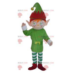 Elfo elfo mascote vestido de verde, branco e vermelho -