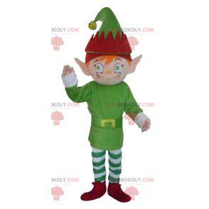 Elf elf maskotka ubrany w zielony, biały i czerwony -