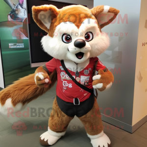 Beige Red Panda mascot costume character dressed with a Capri Pants and Suspenders