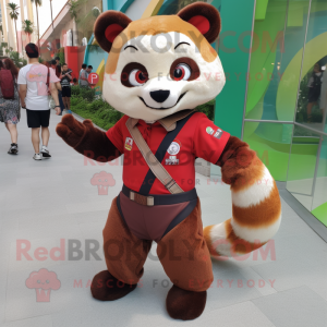 Beige Red Panda mascot costume character dressed with a Capri Pants and Suspenders
