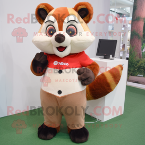 Beige Red Panda mascot costume character dressed with a Capri Pants and Suspenders